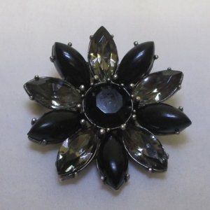 Vintage Flower Brooch Black Glass Smokey Rhinestone Navette Petals Silver